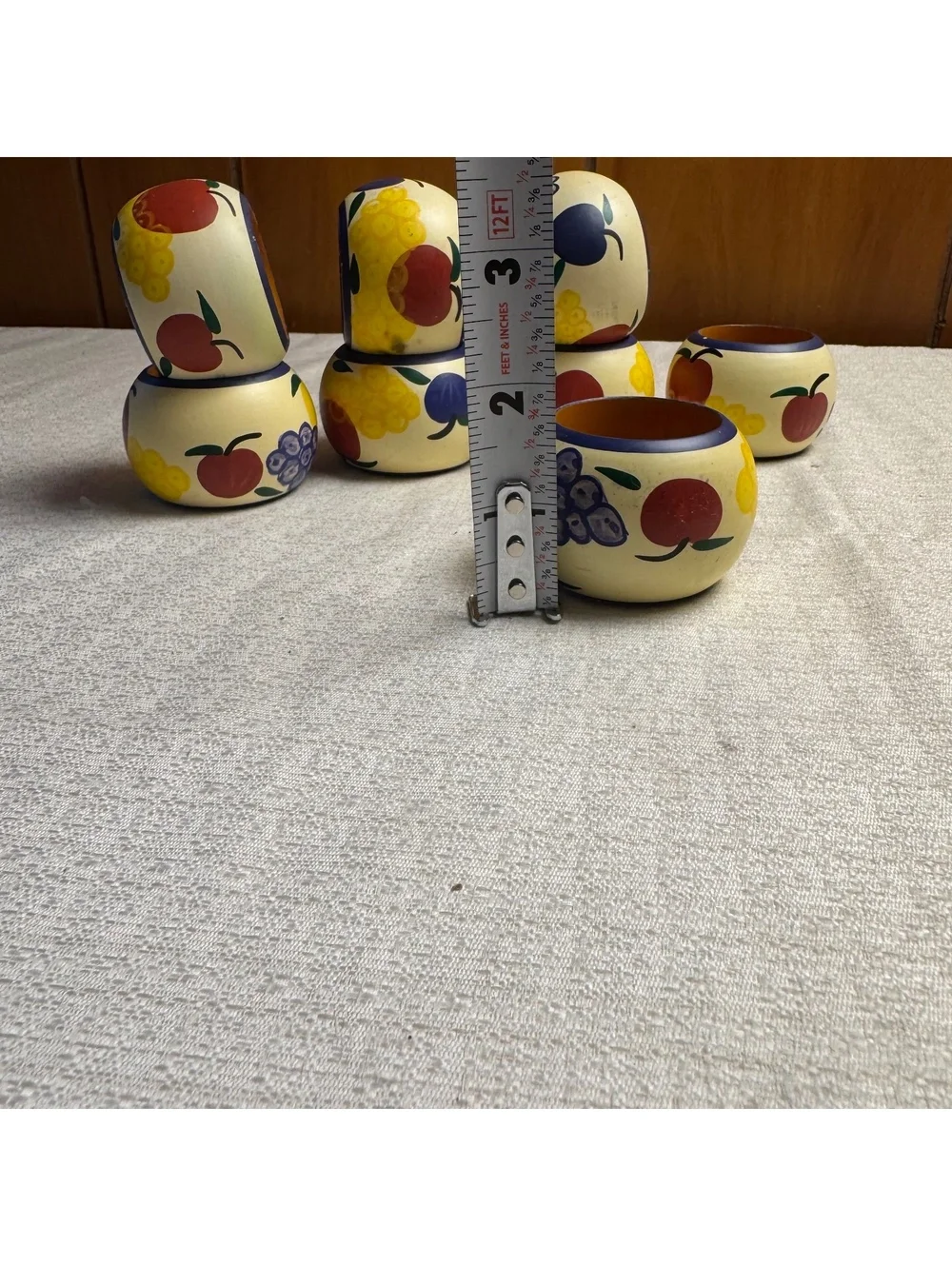 Dansk Fruit Pattern Wooden Napkin Rings Set of 8 Vintage Colorful Table Decor